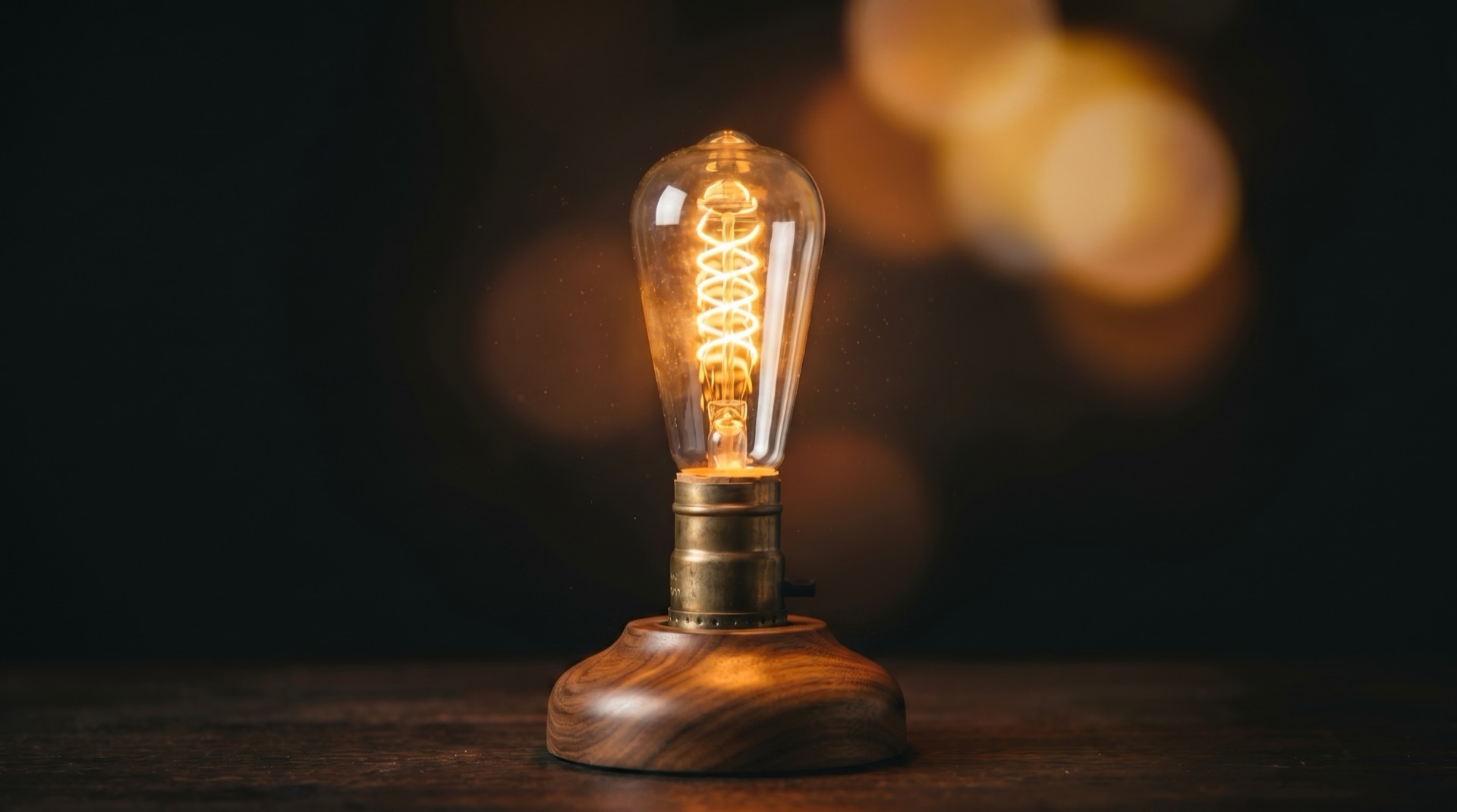 A glowing vintage Edison bulb resting in its stand